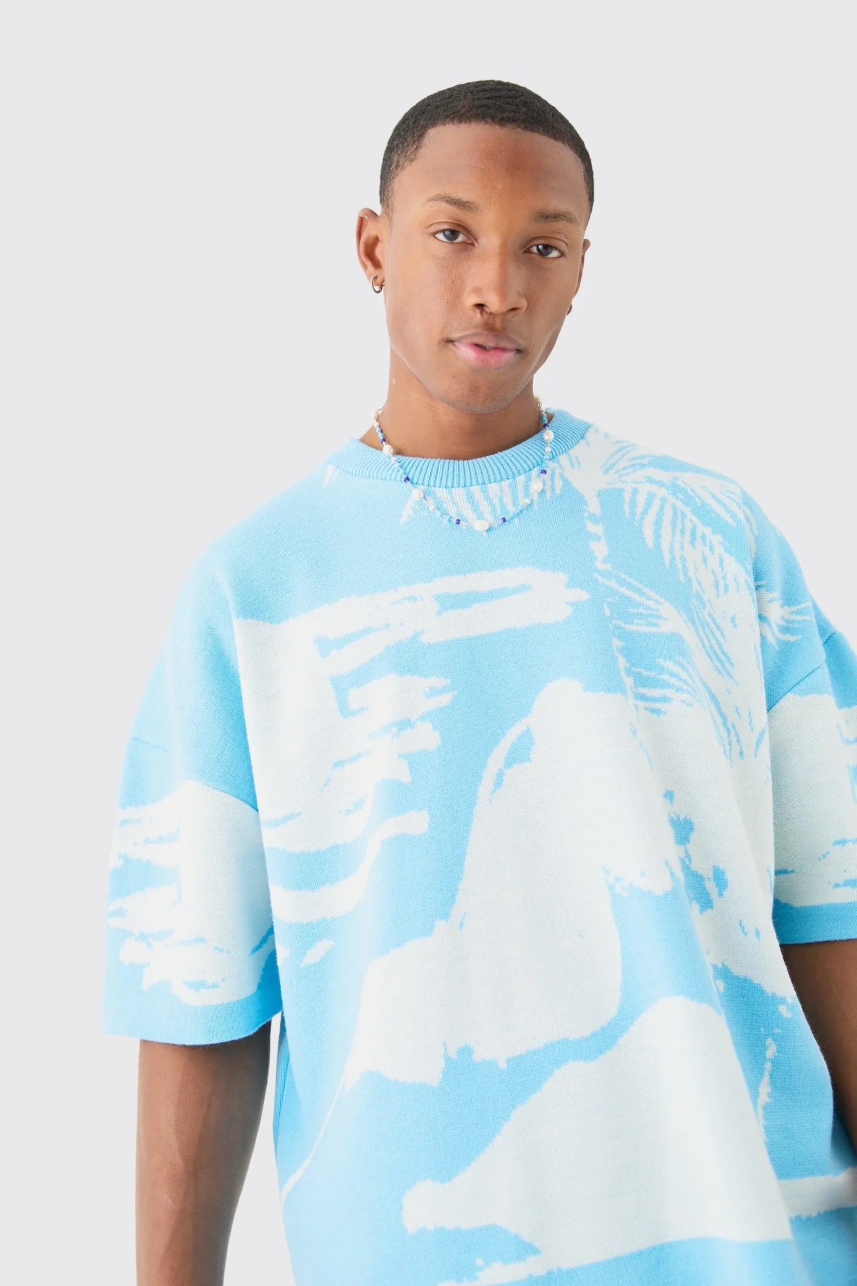 Oversized Line Scenic Knitted T-shirt | BoohooMAN UK