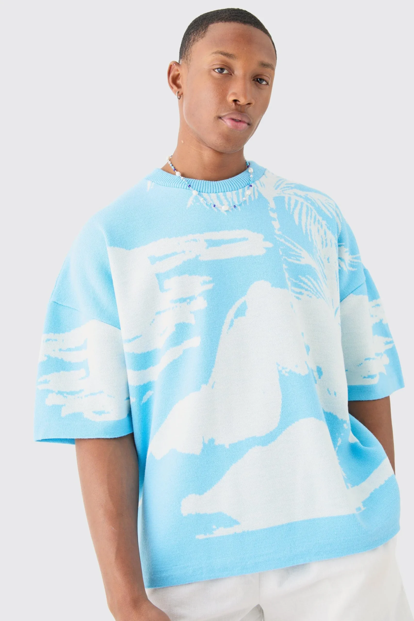 Oversized Line Scenic Knitted T-shirt | BoohooMAN UK