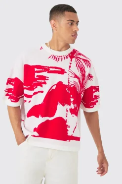 Oversized Line Scenic Knitted T-shirt | BoohooMAN UK