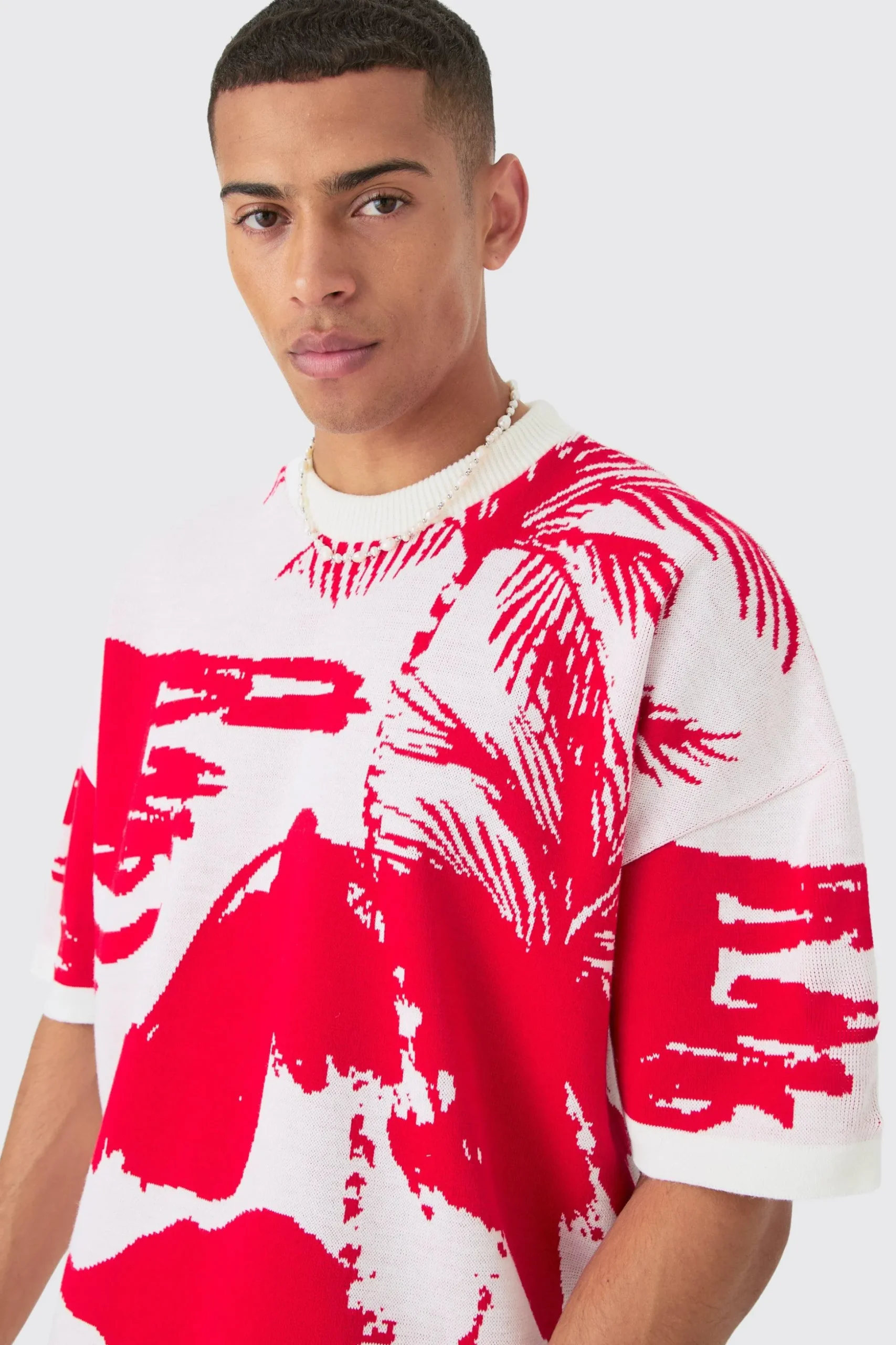 Oversized Line Scenic Knitted T-shirt | BoohooMAN UK