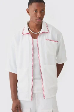 Oversized Linen Contrast Cross Stitch Shirt | BoohooMAN UK