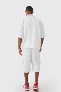 Oversized Linen Contrast Cross Stitch Shirt | BoohooMAN UK
