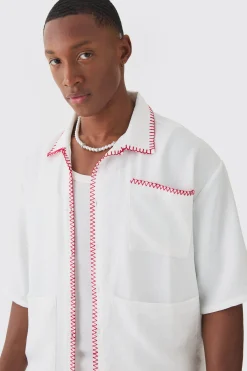 Oversized Linen Contrast Cross Stitch Shirt | BoohooMAN UK