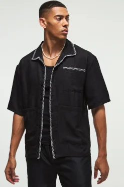 Oversized Linen Contrast Cross Stitch Shirt | BoohooMAN UK