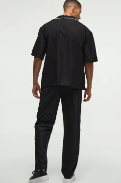 Oversized Linen Contrast Cross Stitch Shirt | BoohooMAN UK