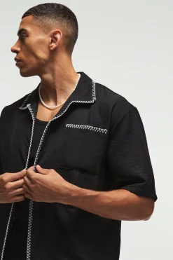 Oversized Linen Contrast Cross Stitch Shirt | BoohooMAN UK