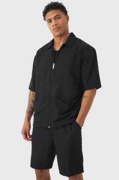 Oversized Linen Deep Pocket Shirt & Short Set | BoohooMAN UK