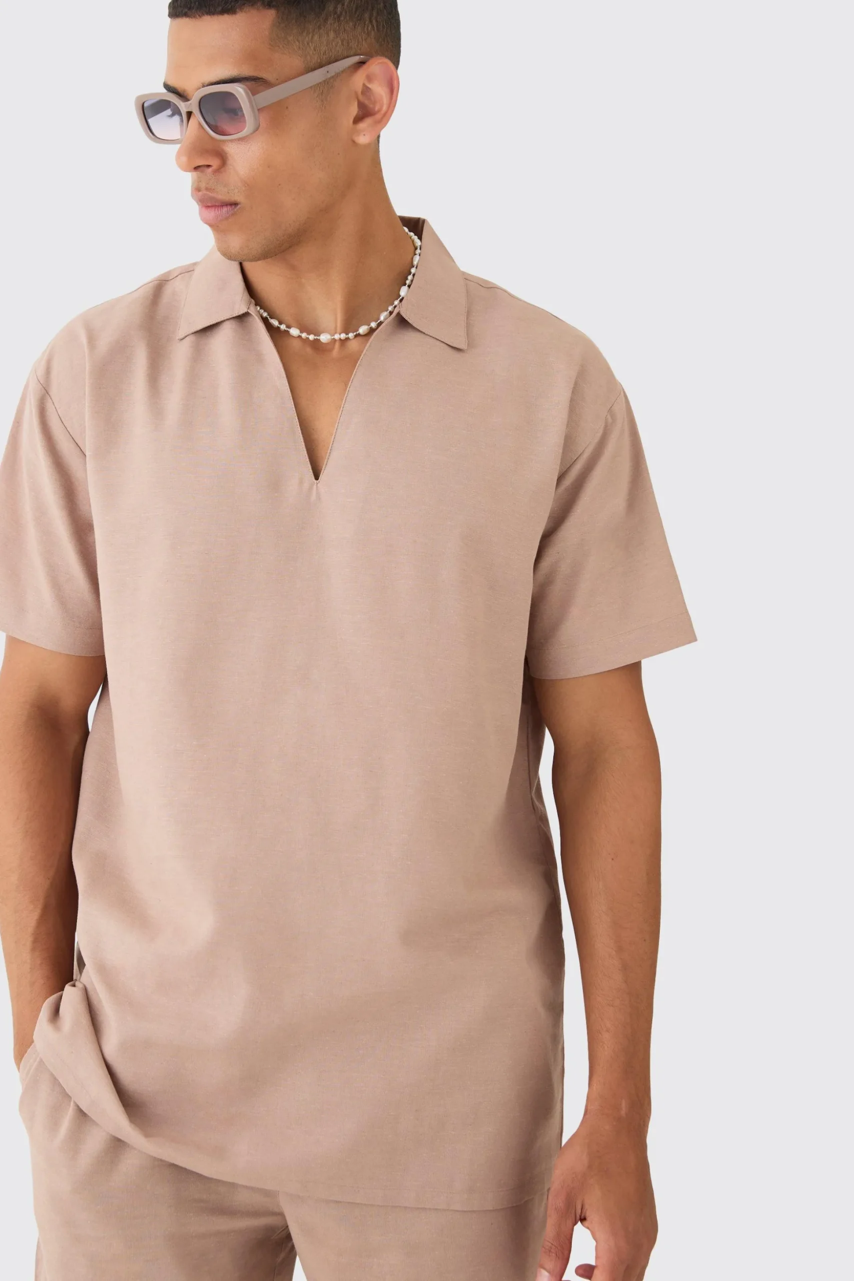 Oversized Linen Dropped Neck Shirt | BoohooMAN UK