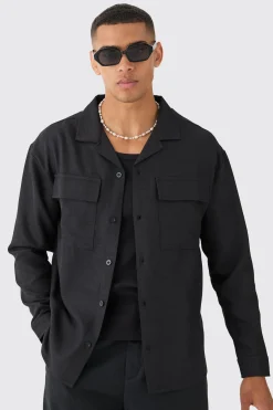 Oversized Linen Long Sleeve Revere Step Hem Shirt | BoohooMAN UK