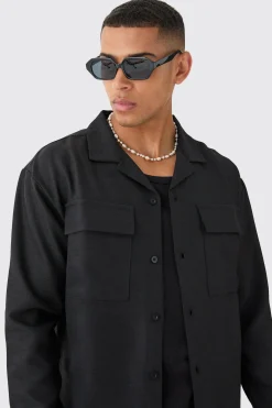 Oversized Linen Long Sleeve Revere Step Hem Shirt | BoohooMAN UK