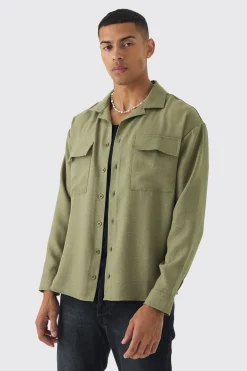 Oversized Linen Long Sleeve Revere Step Hem Shirt | BoohooMAN UK