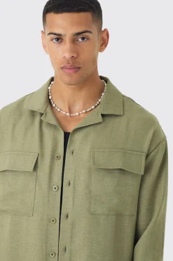 Oversized Linen Long Sleeve Revere Step Hem Shirt | BoohooMAN UK