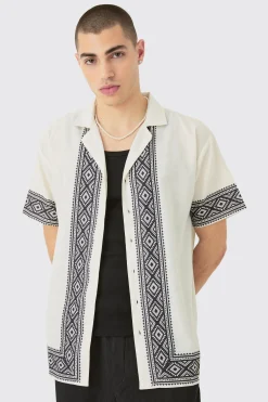 Oversized Linen Look Aztec Border Shirt | BoohooMAN UK