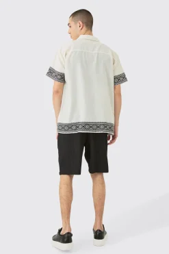Oversized Linen Look Aztec Border Shirt | BoohooMAN UK