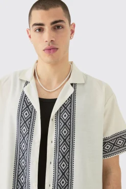 Oversized Linen Look Aztec Border Shirt | BoohooMAN UK