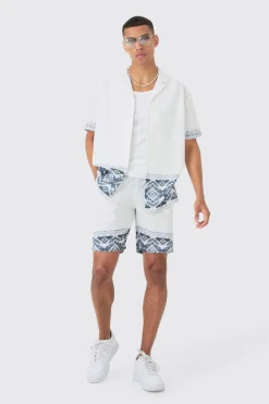 Oversized Linen Look Border Hem Shirt & Short | BoohooMAN UK