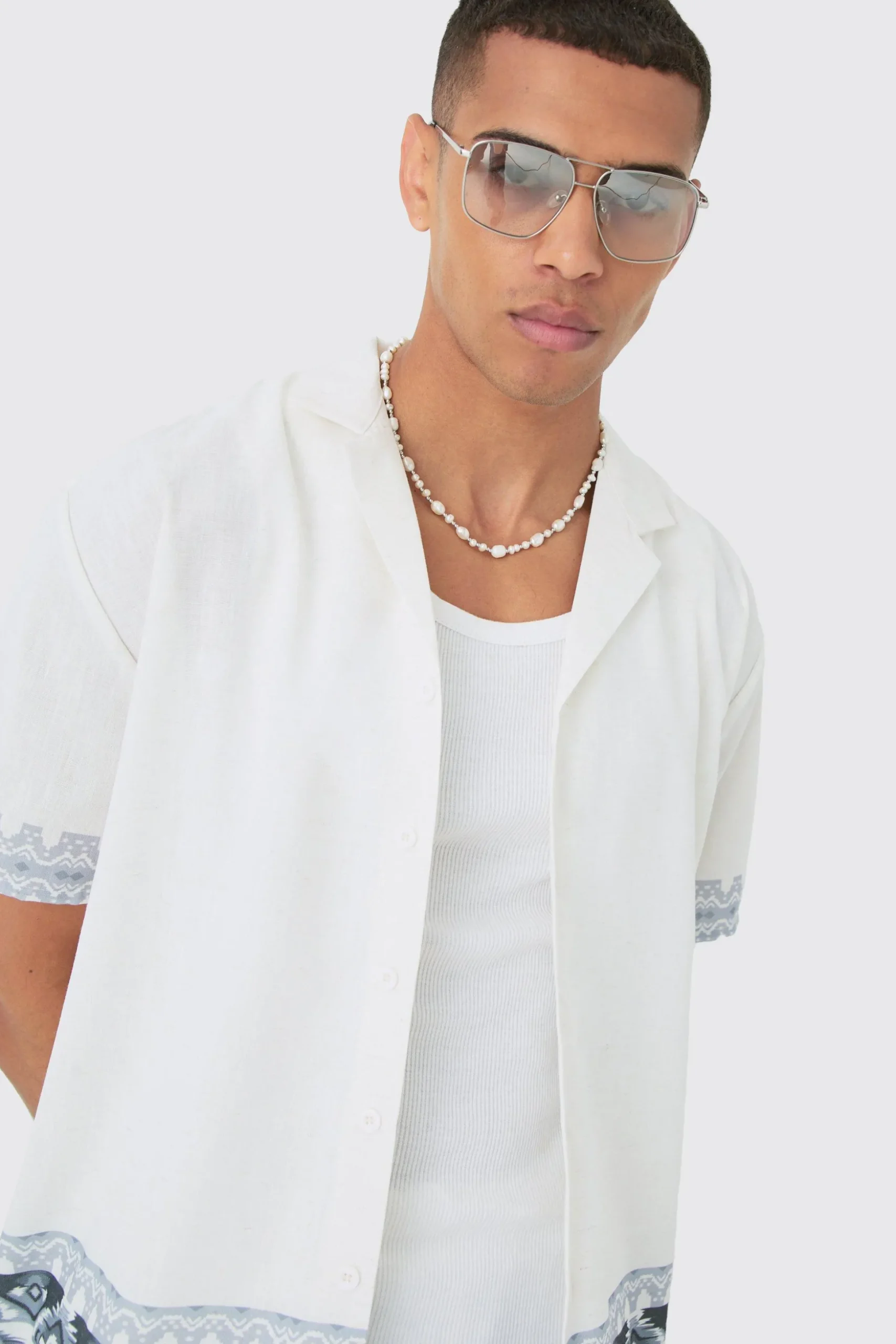 Oversized Linen Look Border Hem Shirt & Short | BoohooMAN UK