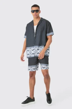 Oversized Linen Look Border Hem Shirt & Short | BoohooMAN UK