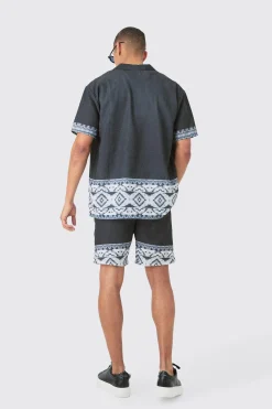 Oversized Linen Look Border Hem Shirt & Short | BoohooMAN UK