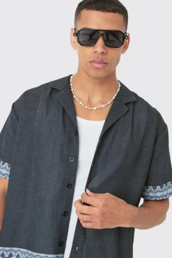 Oversized Linen Look Border Hem Shirt & Short | BoohooMAN UK