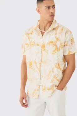 Oversized Linen Look Brush Palm Print Shirt | BoohooMAN UK
