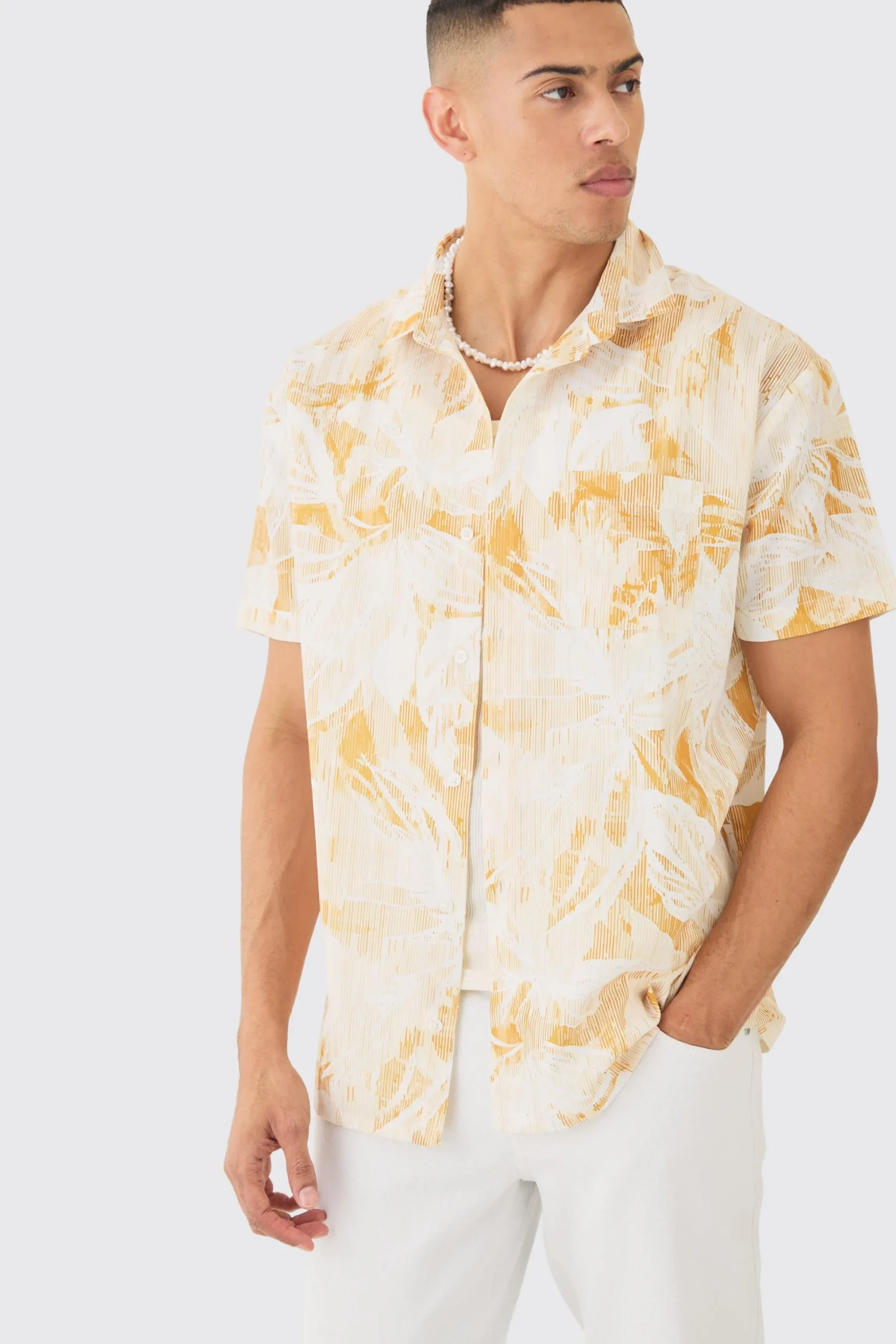Oversized Linen Look Brush Palm Print Shirt | BoohooMAN UK