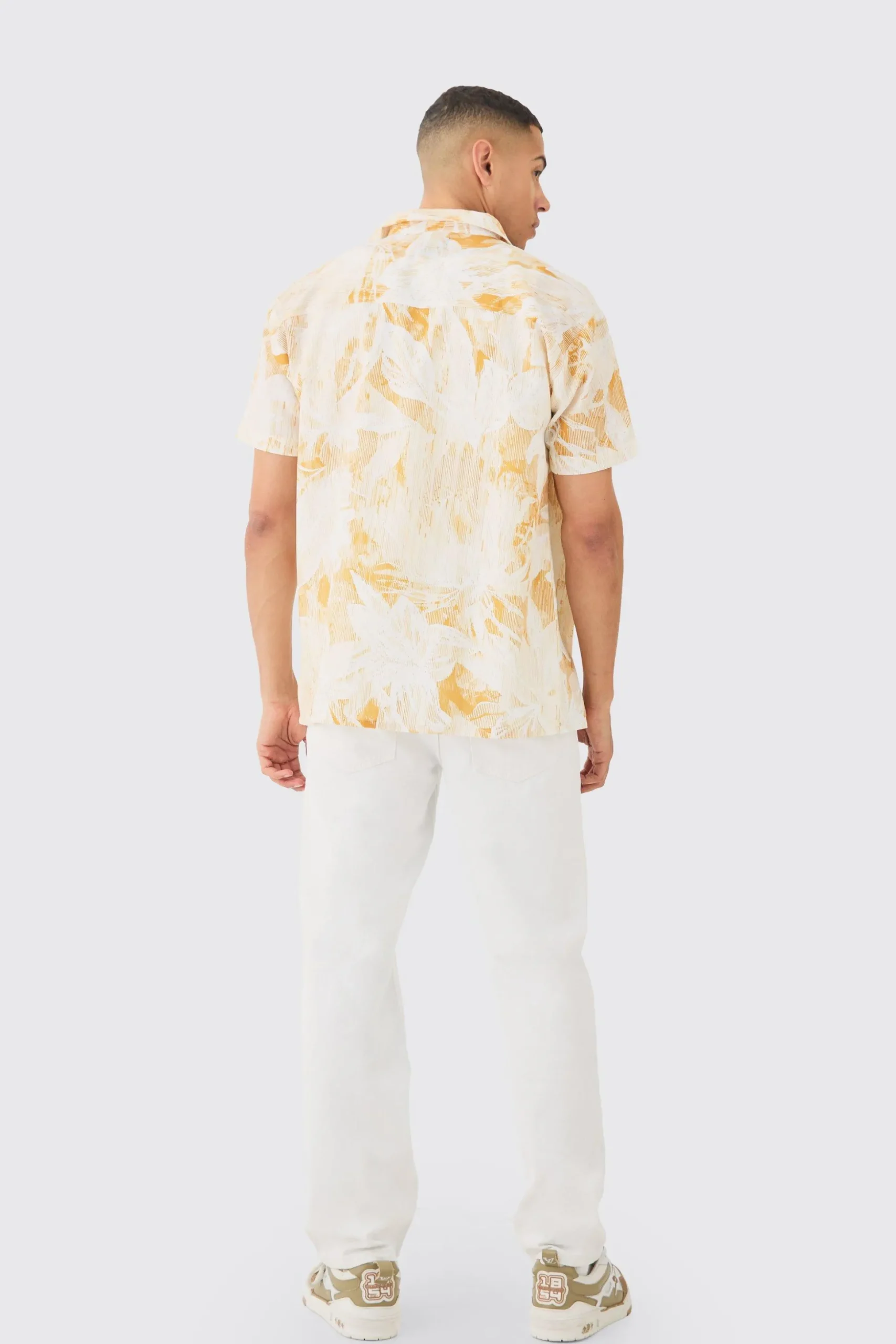 Oversized Linen Look Brush Palm Print Shirt | BoohooMAN UK