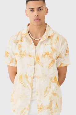 Oversized Linen Look Brush Palm Print Shirt | BoohooMAN UK