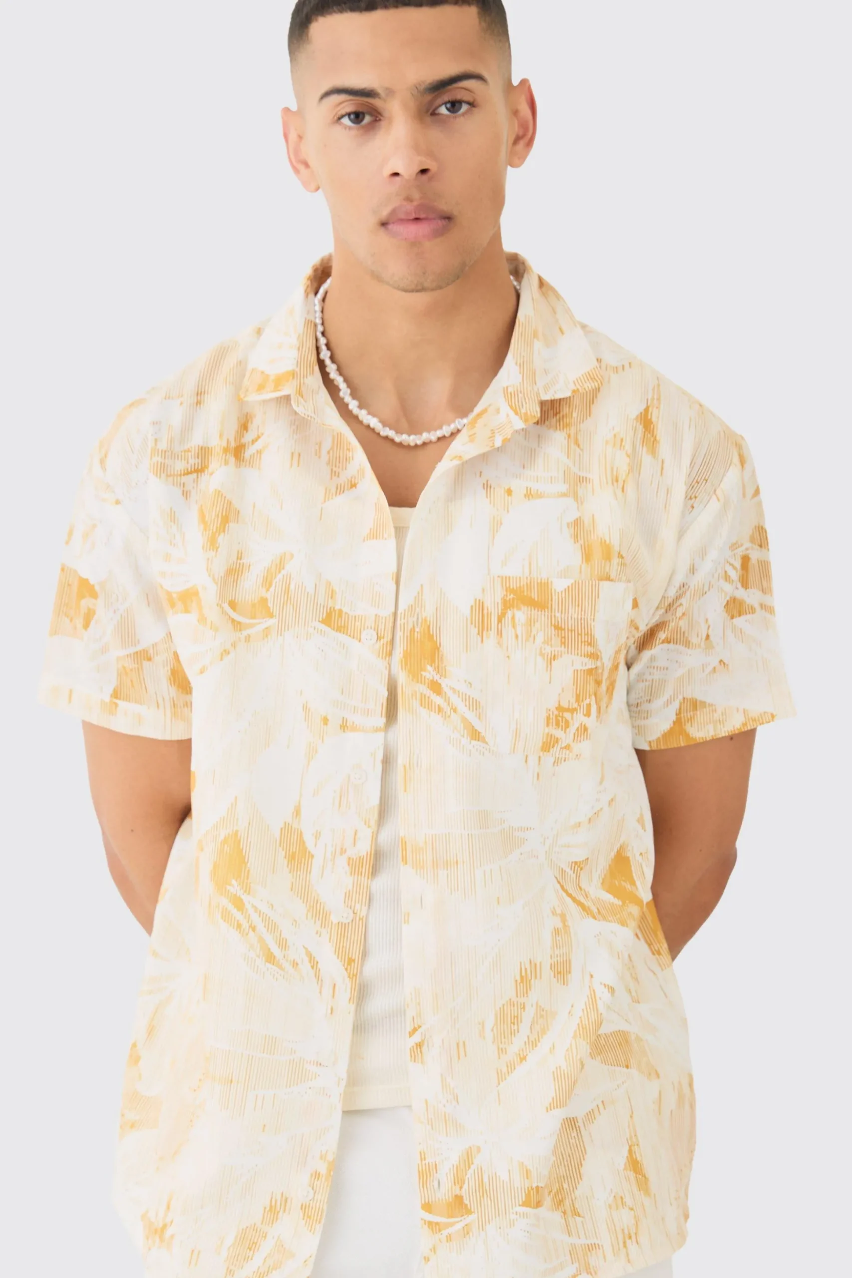 Oversized Linen Look Brush Palm Print Shirt | BoohooMAN UK
