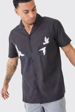 Oversized Linen Look Dove Embroidered Shirt | BoohooMAN UK