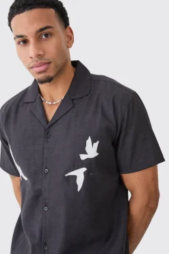 Oversized Linen Look Dove Embroidered Shirt | BoohooMAN UK