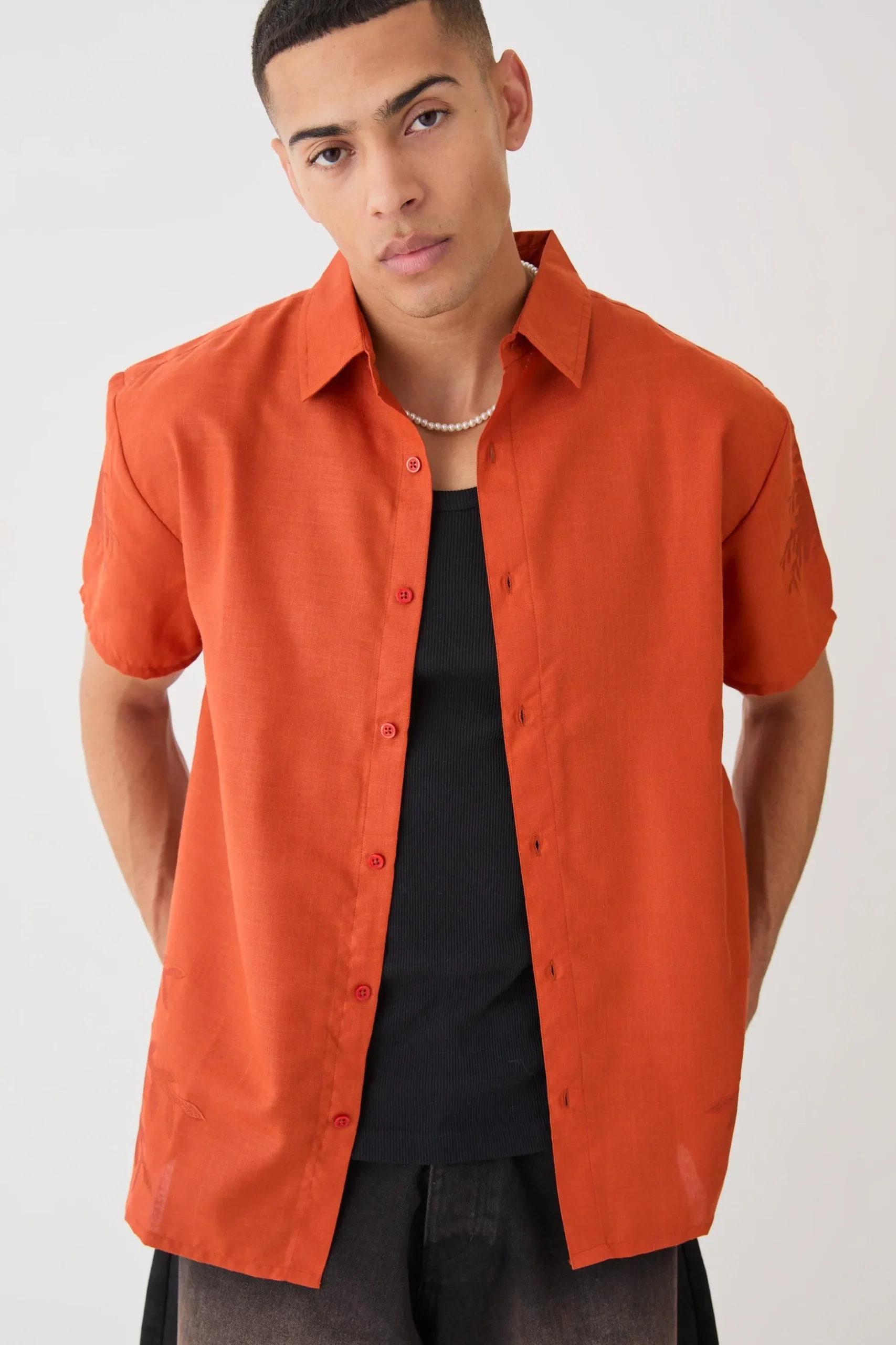 Oversized Linen Look Embroidered Hem Shirt | BoohooMAN UK