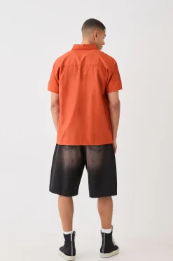 Oversized Linen Look Embroidered Hem Shirt | BoohooMAN UK