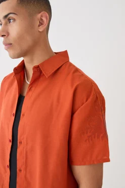 Oversized Linen Look Embroidered Hem Shirt | BoohooMAN UK
