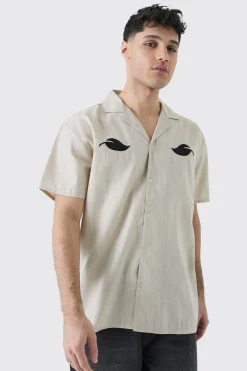 Oversized Linen Look Leaf Embroidered Shirt | BoohooMAN UK