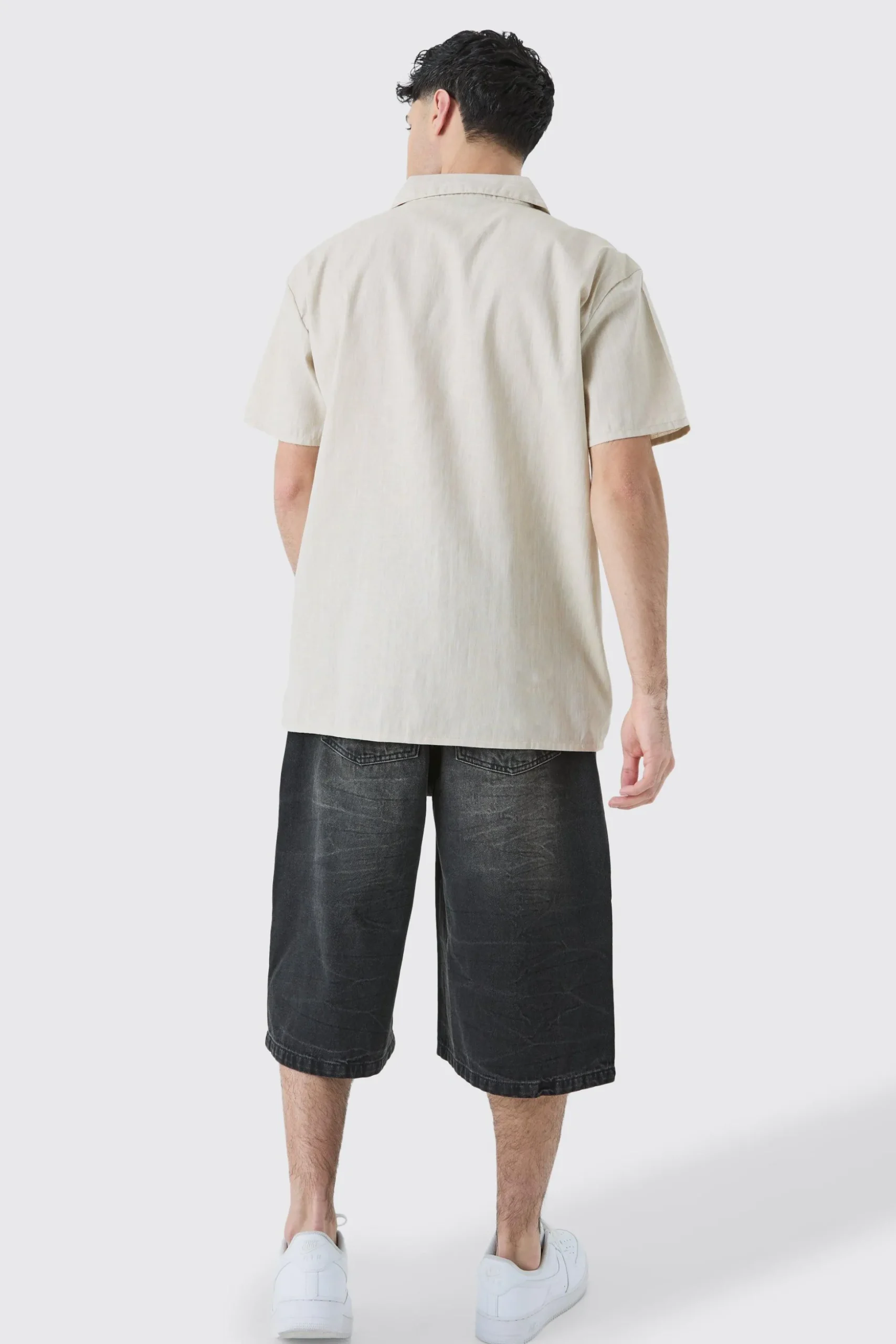 Oversized Linen Look Leaf Embroidered Shirt | BoohooMAN UK