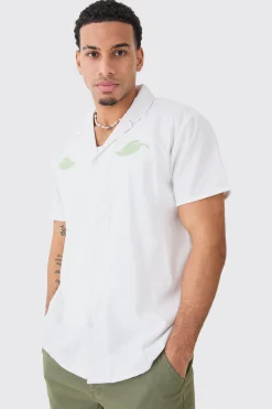 Oversized Linen Look Leaf Embroidered Shirt | BoohooMAN UK