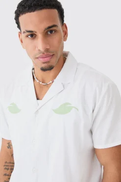 Oversized Linen Look Leaf Embroidered Shirt | BoohooMAN UK