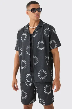 Oversized Linen Look Monogram Shirt & Short Set | BoohooMAN UK