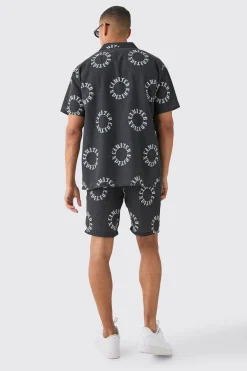 Oversized Linen Look Monogram Shirt & Short Set | BoohooMAN UK