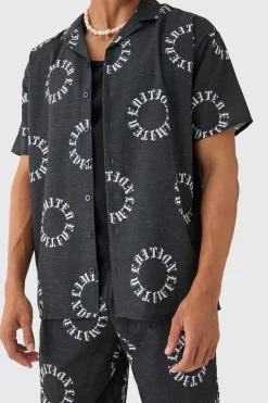 Oversized Linen Look Monogram Shirt & Short Set | BoohooMAN UK