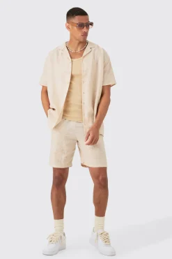 Oversized Linen Look Monogram Shirt & Short Set | BoohooMAN UK