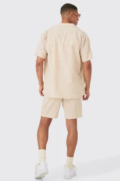 Oversized Linen Look Monogram Shirt & Short Set | BoohooMAN UK