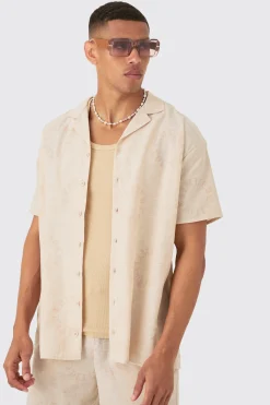 Oversized Linen Look Monogram Shirt & Short Set | BoohooMAN UK