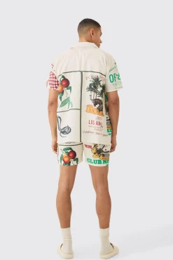 Oversized Linen Look Multi Print Set | BoohooMAN UK