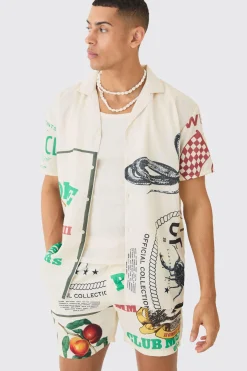 Oversized Linen Look Multi Print Set | BoohooMAN UK