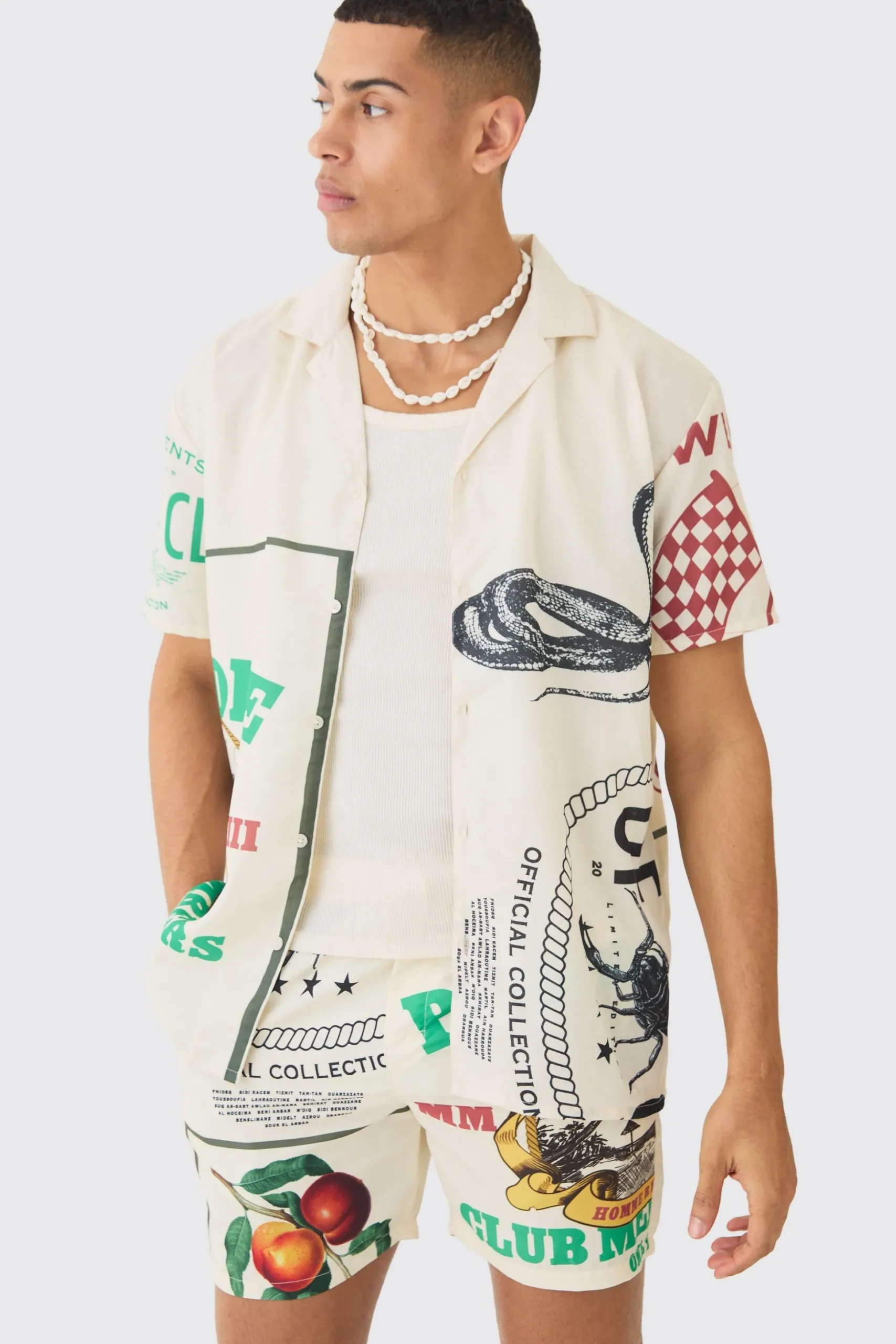 Oversized Linen Look Multi Print Set | BoohooMAN UK