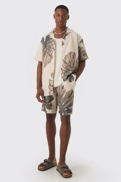 Oversized Linen Look Palm Shirt & Short | BoohooMAN UK