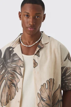 Oversized Linen Look Palm Shirt & Short | BoohooMAN UK