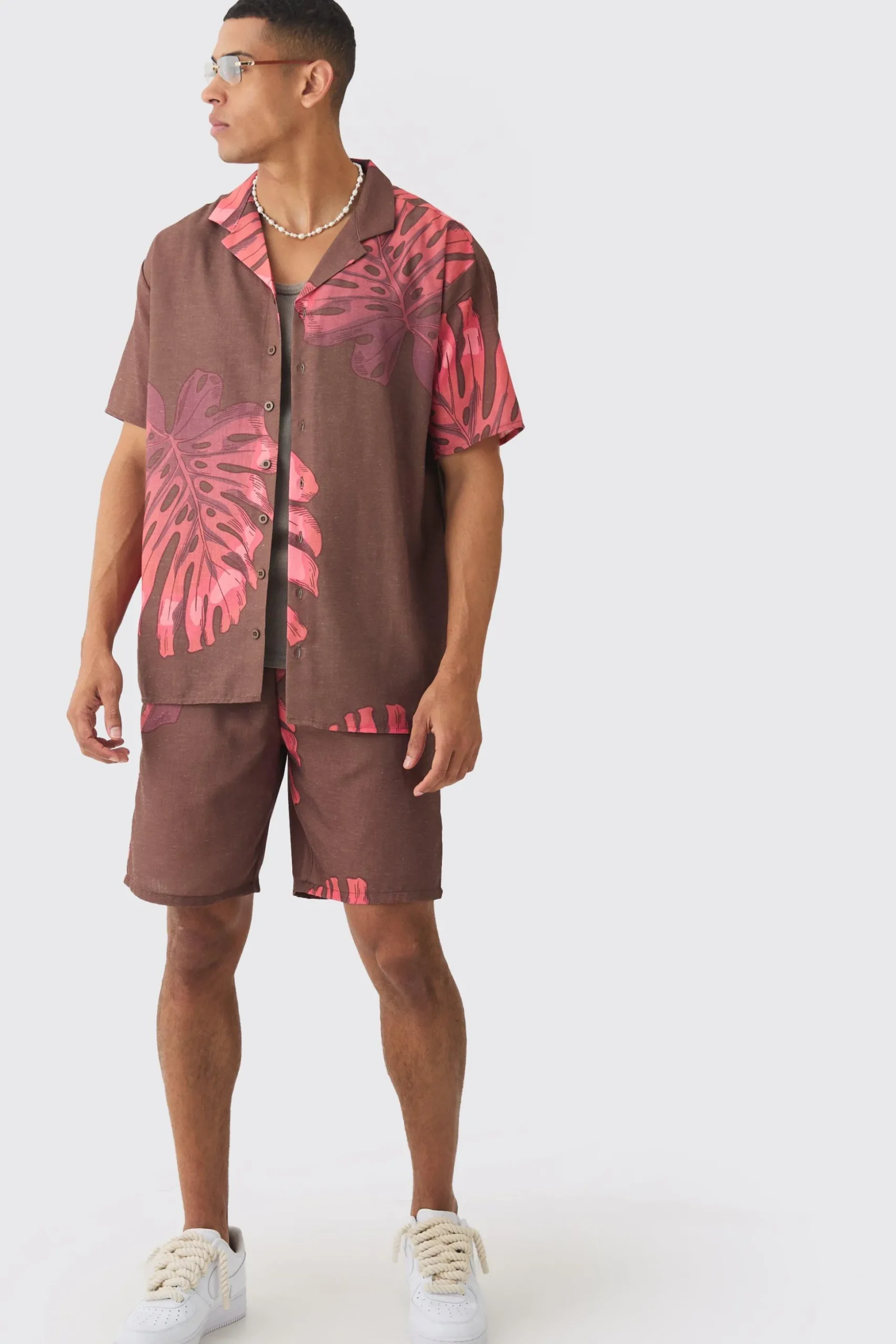 Oversized Linen Look Palm Shirt & Short | BoohooMAN UK